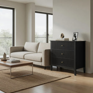 English Elm 32" Wide Fluted Blush Nightstand with Three Soft-close Drawers and Gold Knob Hardware Black B082P517248