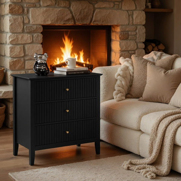 English Elm 32" Wide Fluted Blush Nightstand with Three Soft-close Drawers and Gold Knob Hardware Black B082P517248