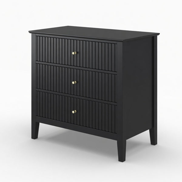 English Elm 32" Wide Fluted Blush Nightstand with Three Soft-close Drawers and Gold Knob Hardware Black B082P517248
