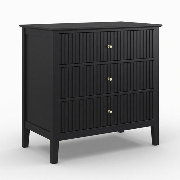 English Elm 32" Wide Fluted Blush Nightstand with Three Soft-close Drawers and Gold Knob Hardware Black B082P517248