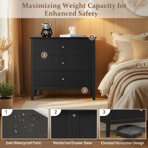 English Elm 32" Wide Fluted Blush Nightstand with Three Soft-close Drawers and Gold Knob Hardware Black B082P517248