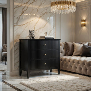 English Elm 32" Wide Fluted Blush Nightstand with Three Soft-close Drawers and Gold Knob Hardware Black B082P517248