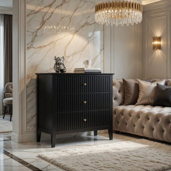 English Elm 32" Wide Fluted Blush Nightstand with Three Soft-close Drawers and Gold Knob Hardware Black B082P517248