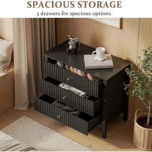 English Elm 32" Wide Fluted Blush Nightstand with Three Soft-close Drawers and Gold Knob Hardware Black B082P517248
