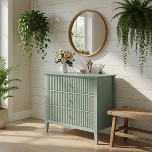 English Elm 32" Wide Fluted Blush Nightstand with Three Soft-close Drawers and Gold Knob Hardware Mint Green B082P517249