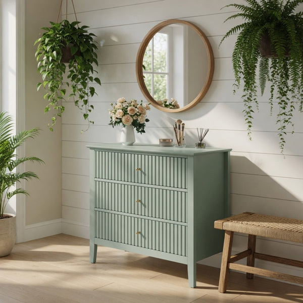 English Elm 32" Wide Fluted Blush Nightstand with Three Soft-close Drawers and Gold Knob Hardware Mint Green B082P517249