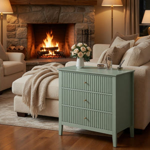 English Elm 32" Wide Fluted Blush Nightstand with Three Soft-close Drawers and Gold Knob Hardware Mint Green B082P517249
