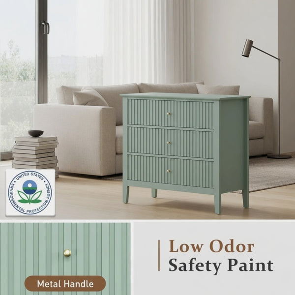 English Elm 32" Wide Fluted Blush Nightstand with Three Soft-close Drawers and Gold Knob Hardware Mint Green B082P517249