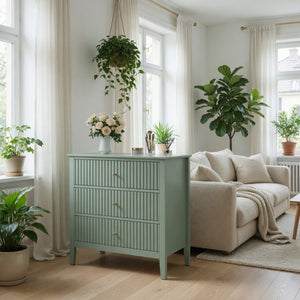 English Elm 32" Wide Fluted Blush Nightstand with Three Soft-close Drawers and Gold Knob Hardware Mint Green B082P517249