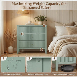 English Elm 32" Wide Fluted Blush Nightstand with Three Soft-close Drawers and Gold Knob Hardware Mint Green B082P517249