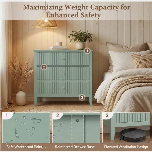 English Elm 32" Wide Fluted Blush Nightstand with Three Soft-close Drawers and Gold Knob Hardware Mint Green B082P517249