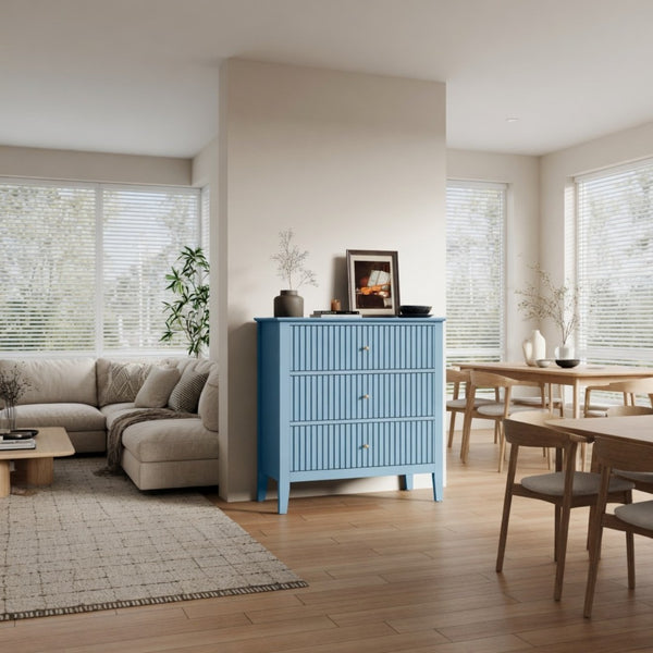 English Elm 32" Wide Fluted Blush Nightstand with Three Soft-close Drawers and Gold Knob Hardware Light Blue B082P517250