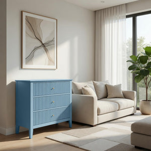English Elm 32" Wide Fluted Blush Nightstand with Three Soft-close Drawers and Gold Knob Hardware Light Blue B082P517250