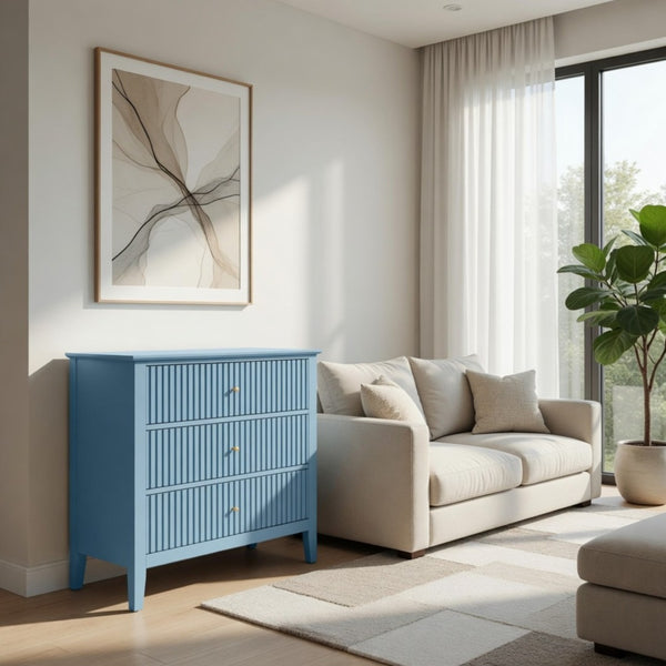 English Elm 32" Wide Fluted Blush Nightstand with Three Soft-close Drawers and Gold Knob Hardware Light Blue B082P517250