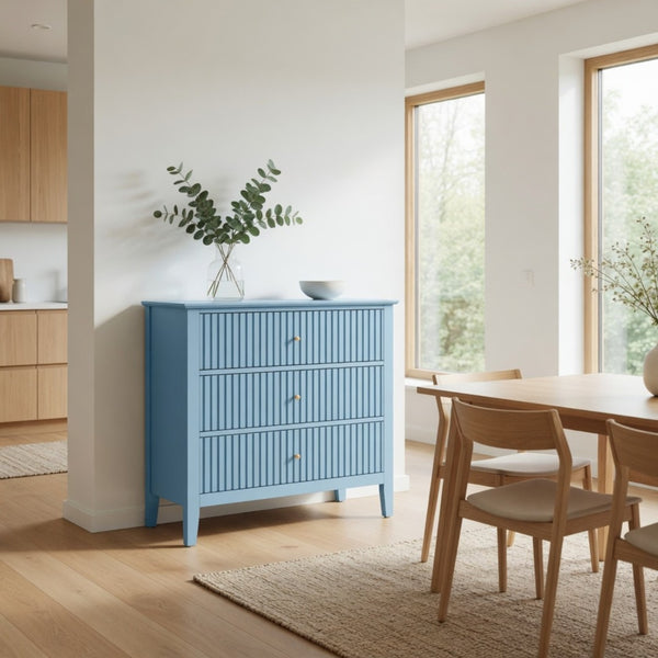 English Elm 32" Wide Fluted Blush Nightstand with Three Soft-close Drawers and Gold Knob Hardware Light Blue B082P517250