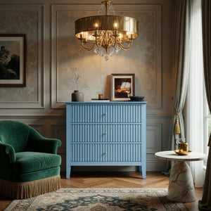 English Elm 32" Wide Fluted Blush Nightstand with Three Soft-close Drawers and Gold Knob Hardware Light Blue B082P517250