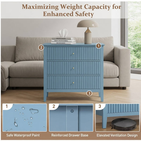 English Elm 32" Wide Fluted Blush Nightstand with Three Soft-close Drawers and Gold Knob Hardware Light Blue B082P517250