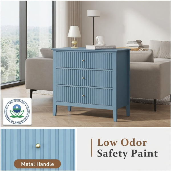 English Elm 32" Wide Fluted Blush Nightstand with Three Soft-close Drawers and Gold Knob Hardware Light Blue B082P517250