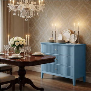 English Elm 32" Wide Fluted Blush Nightstand with Three Soft-close Drawers and Gold Knob Hardware Light Blue B082P517250