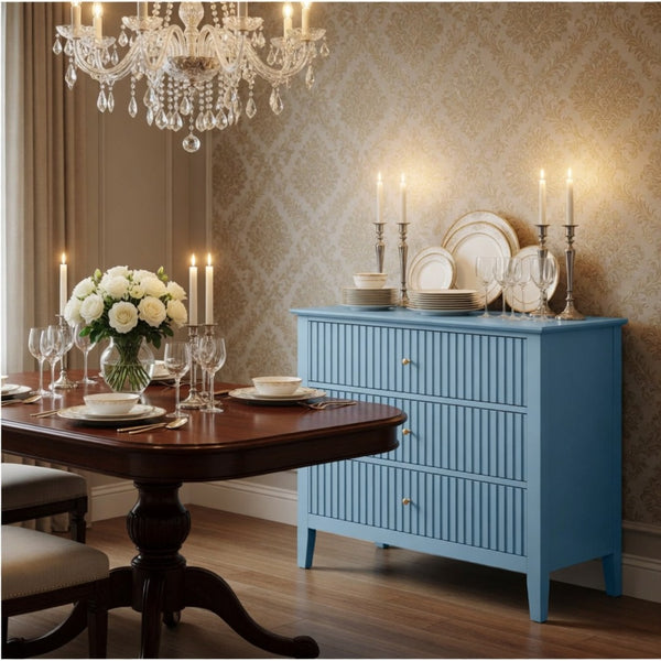 English Elm 32" Wide Fluted Blush Nightstand with Three Soft-close Drawers and Gold Knob Hardware Light Blue B082P517250