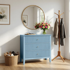 English Elm 32" Wide Fluted Blush Nightstand with Three Soft-close Drawers and Gold Knob Hardware Light Blue B082P517250