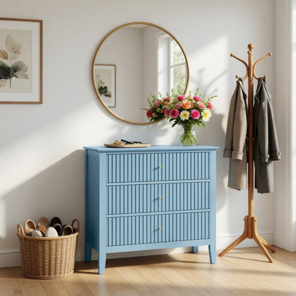 English Elm 32" Wide Fluted Blush Nightstand with Three Soft-close Drawers and Gold Knob Hardware Light Blue B082P517250