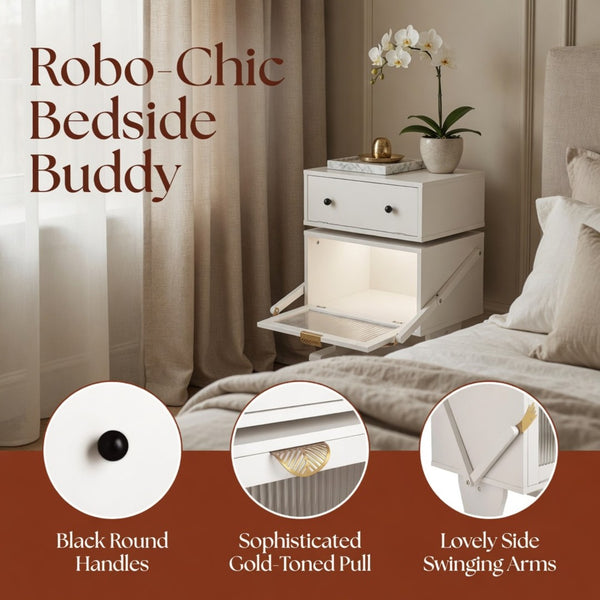English Elm 20.7" Robot Shaped Mdf Nightstand Rgb Led Glow Rotating Drawer Kids Bedroom Fun White B082P517251