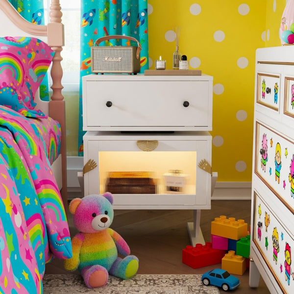 English Elm 20.7" Robot Shaped Mdf Nightstand Rgb Led Glow Rotating Drawer Kids Bedroom Fun White B082P517251