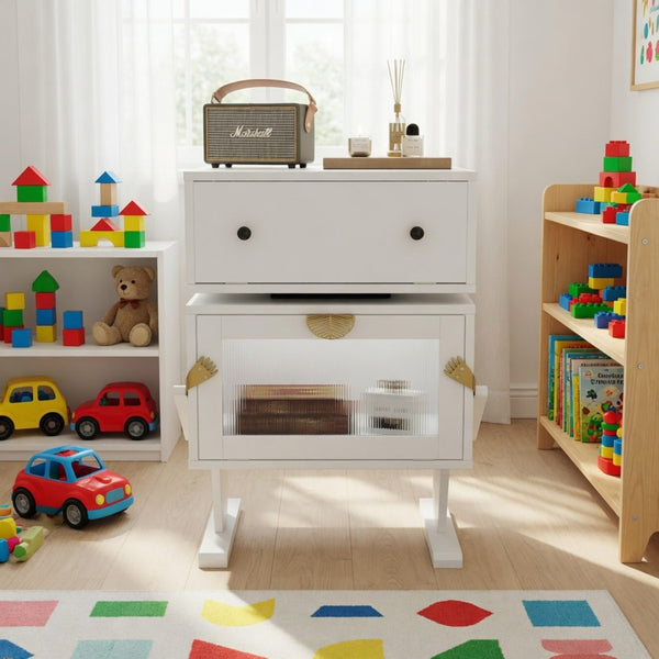 English Elm 20.7" Robot Shaped Mdf Nightstand Rgb Led Glow Rotating Drawer Kids Bedroom Fun White B082P517251