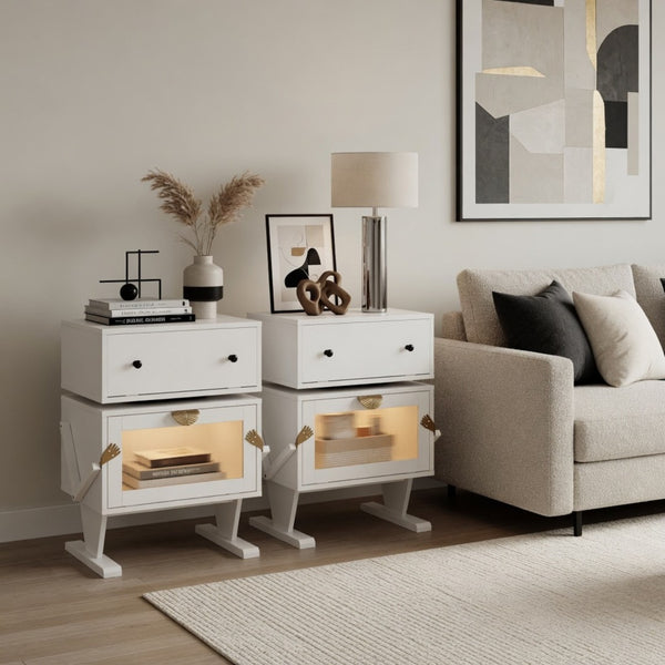 English Elm 20.7" Robot Shaped Mdf Nightstand Rgb Led Glow Rotating Drawer Kids Bedroom Fun White B082P517251