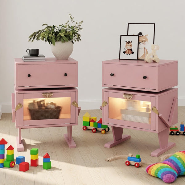 English Elm 20.7" Robot Shaped Mdf Nightstand Rgb Led Glow Rotating Drawer Kids Bedroom Fun Pink B082P517252