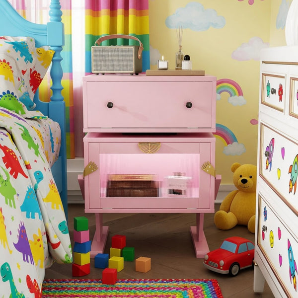 English Elm 20.7" Robot Shaped Mdf Nightstand Rgb Led Glow Rotating Drawer Kids Bedroom Fun Pink B082P517252