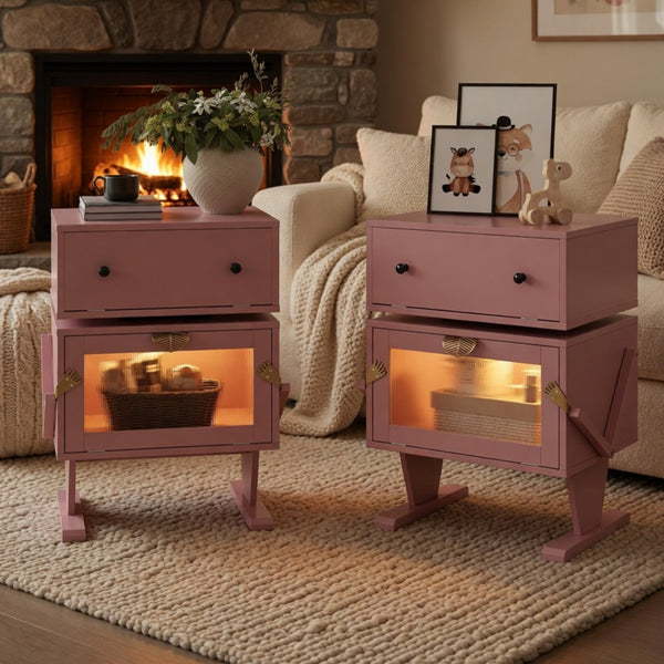 English Elm 20.7" Robot Shaped Mdf Nightstand Rgb Led Glow Rotating Drawer Kids Bedroom Fun Pink B082P517252