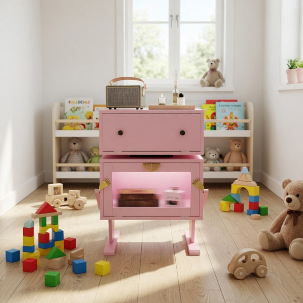 English Elm 20.7" Robot Shaped Mdf Nightstand Rgb Led Glow Rotating Drawer Kids Bedroom Fun Pink B082P517252