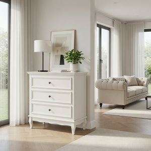 English Elm 31.5" Wide Matte White 3 Drawer Chest with Tapered Wood Legs for Bedroom B082P517254