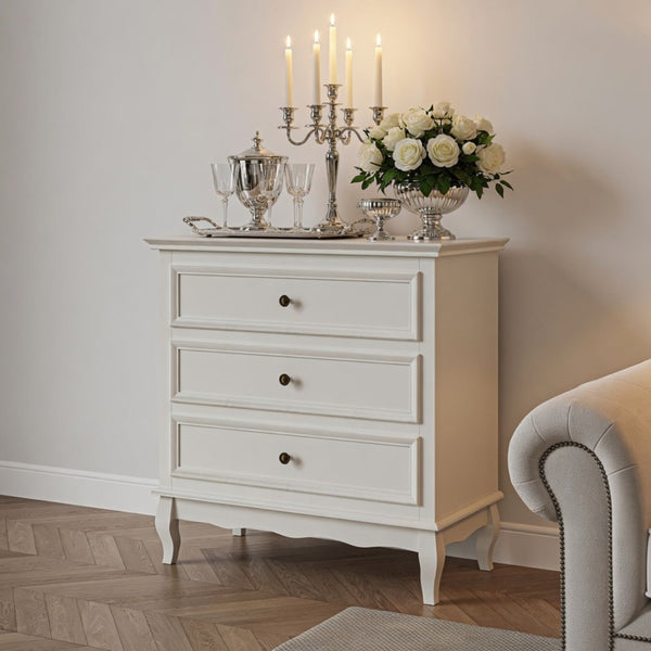 English Elm 31.5" Wide Matte White 3 Drawer Chest with Tapered Wood Legs for Bedroom B082P517254