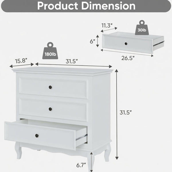 English Elm 31.5" Wide Matte White 3 Drawer Chest with Tapered Wood Legs for Bedroom B082P517254