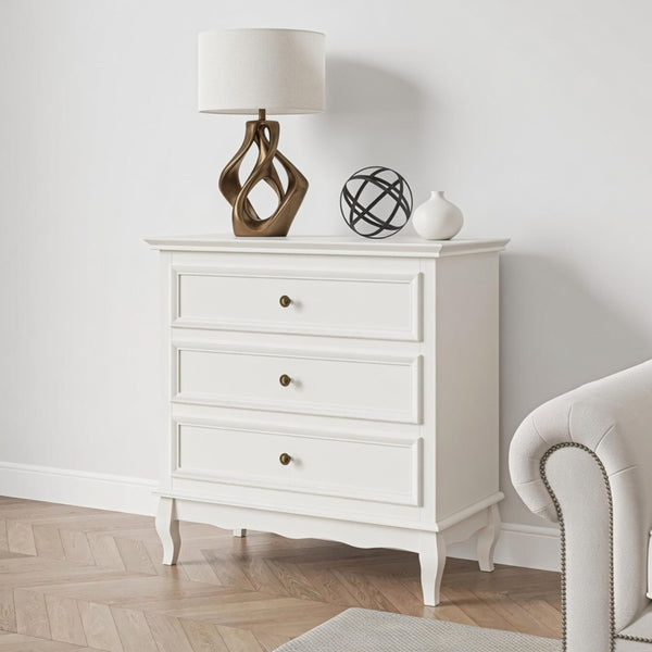 English Elm 31.5" Wide Matte White 3 Drawer Chest with Tapered Wood Legs for Bedroom B082P517254