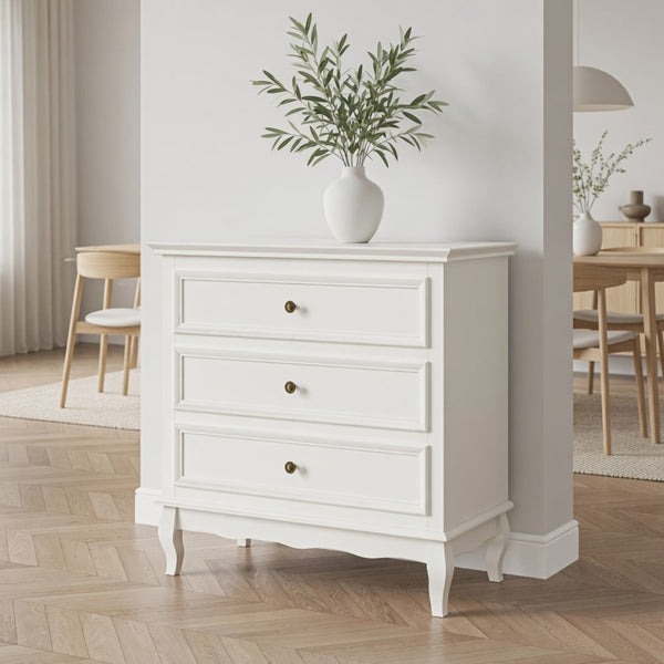 English Elm 31.5" Wide Matte White 3 Drawer Chest with Tapered Wood Legs for Bedroom B082P517254