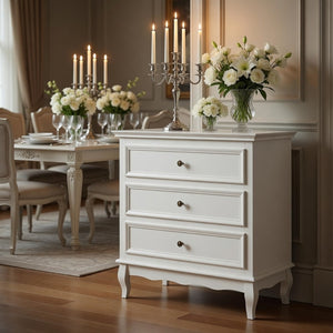 English Elm 31.5" Wide Matte White 3 Drawer Chest with Tapered Wood Legs for Bedroom B082P517254