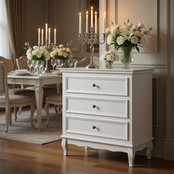 English Elm 31.5" Wide Matte White 3 Drawer Chest with Tapered Wood Legs for Bedroom B082P517254