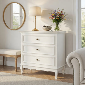 English Elm 31.5" Wide Matte White 3 Drawer Chest with Tapered Wood Legs for Bedroom B082P517254