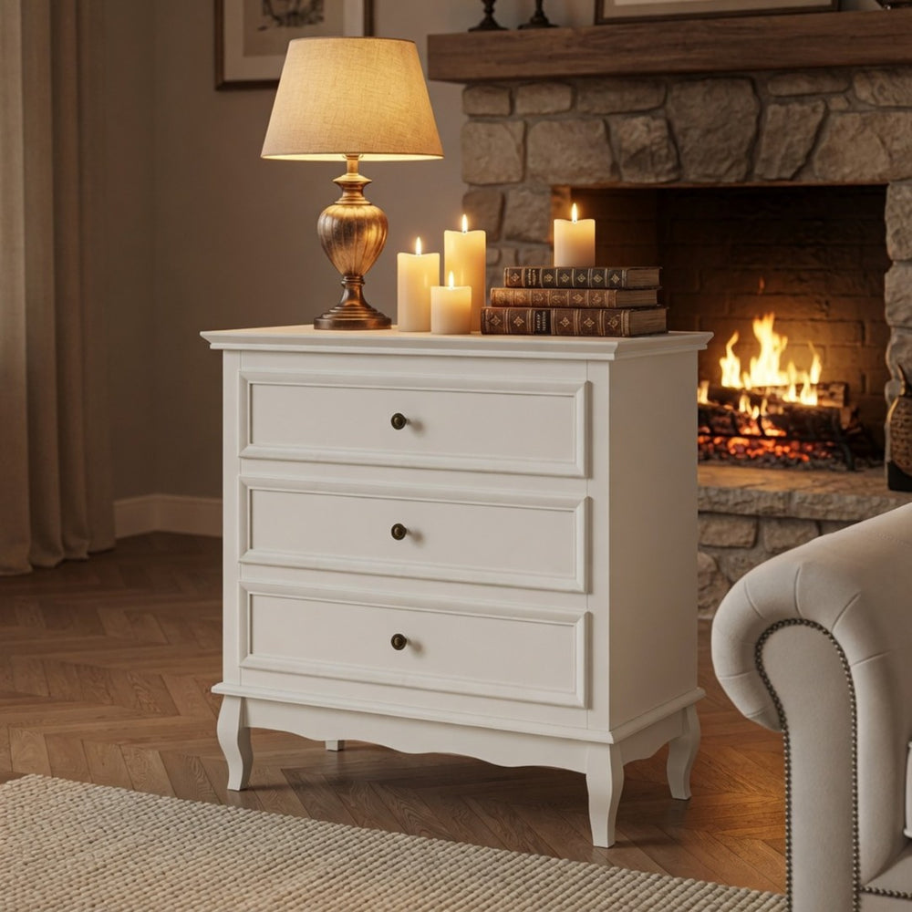 English Elm 31.5" Wide Matte White 3 Drawer Chest with Tapered Wood Legs for Bedroom B082P517254