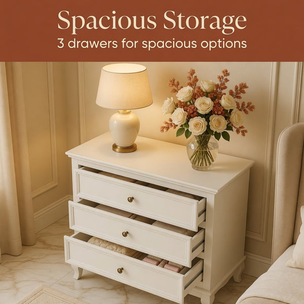 English Elm 31.5" Wide Matte White 3 Drawer Chest with Tapered Wood Legs for Bedroom B082P517254