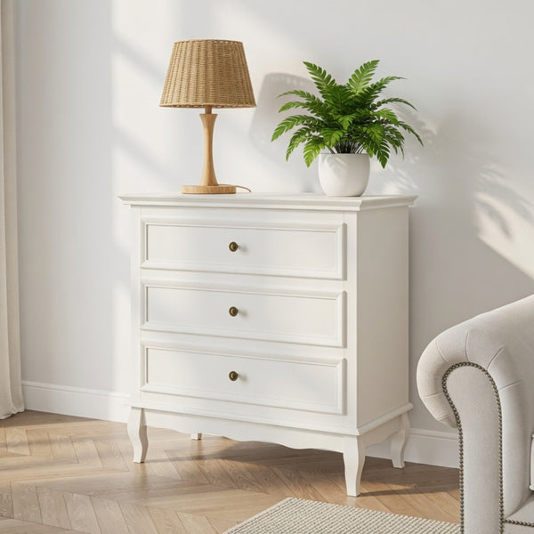 English Elm 31.5" Wide Matte White 3 Drawer Chest with Tapered Wood Legs for Bedroom B082P517254