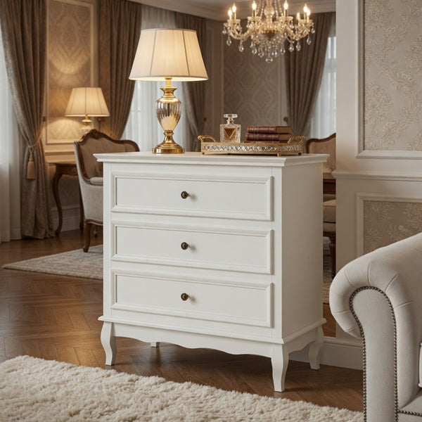 English Elm 31.5" Wide Matte White 3 Drawer Chest with Tapered Wood Legs for Bedroom B082P517254