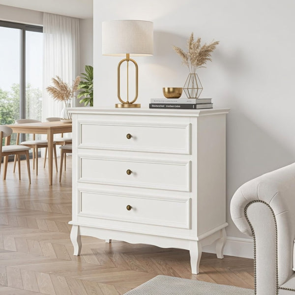 English Elm 31.5" Wide Matte White 3 Drawer Chest with Tapered Wood Legs for Bedroom B082P517254