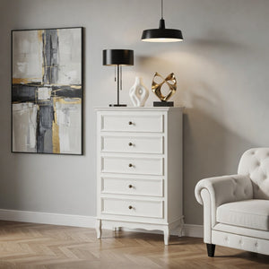 English Elm 27.6" White Five Drawer Tall Chest with Rubberwood Legs Soft Close Modern Storage B082P517255
