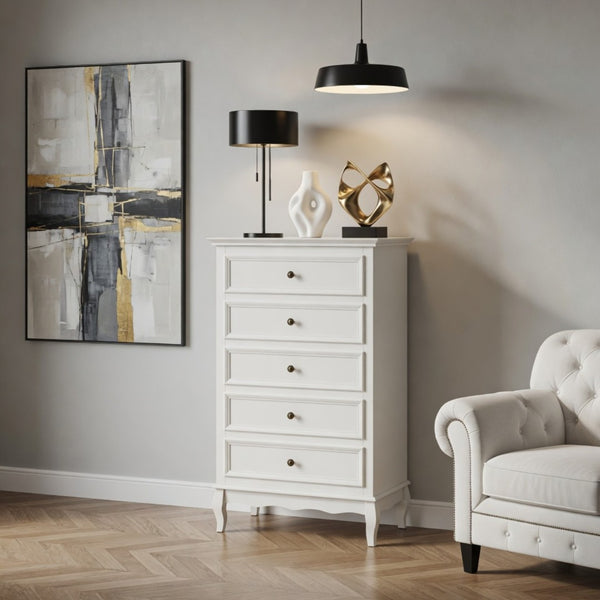 English Elm 27.6" White Five Drawer Tall Chest with Rubberwood Legs Soft Close Modern Storage B082P517255