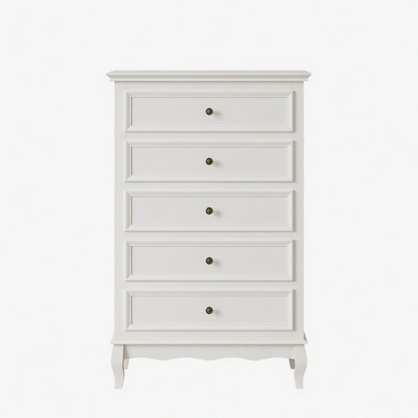 English Elm 27.6" White Five Drawer Tall Chest with Rubberwood Legs Soft Close Modern Storage B082P517255